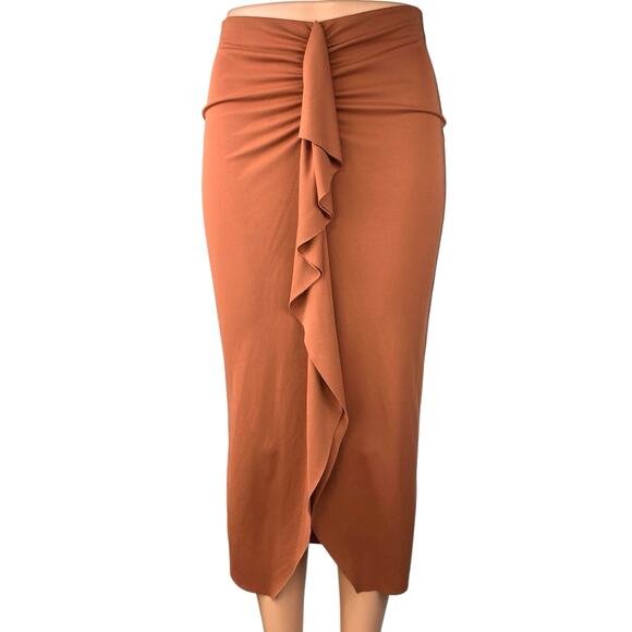 H&M Gusset Panel Brown Ruched Ruffle Draped Jersey Midi Straight Pencil Skirt XS - Picture 1 of 5